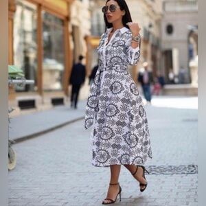 Zara eyelet belted long sleeve midi dress black and white size XS